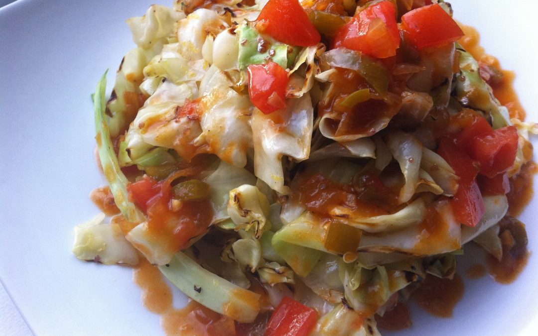 Grilled Cabbage with Dark Rum Lemon Drizzle and Tomato-Onion Relish